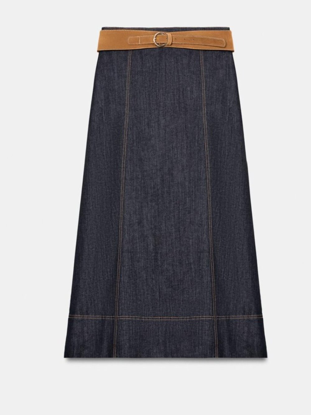 Zara Dark Denim A-Line Skirt with Tan Belt M